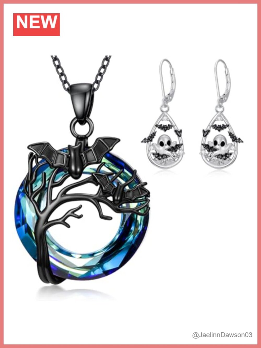 Sterling Silver Bat Necklace & Ghost Bat Dangle Earrings Set Gothic Halloween